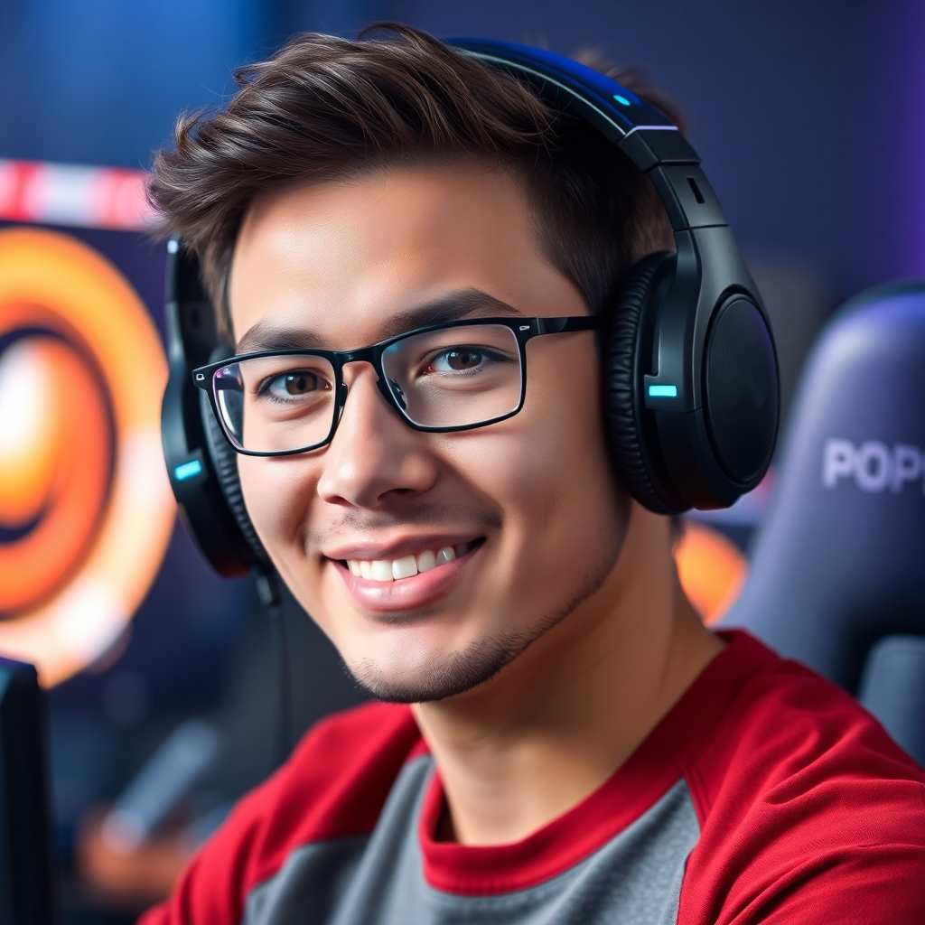 professional esports player portrait, male, gaming headset, competitive look