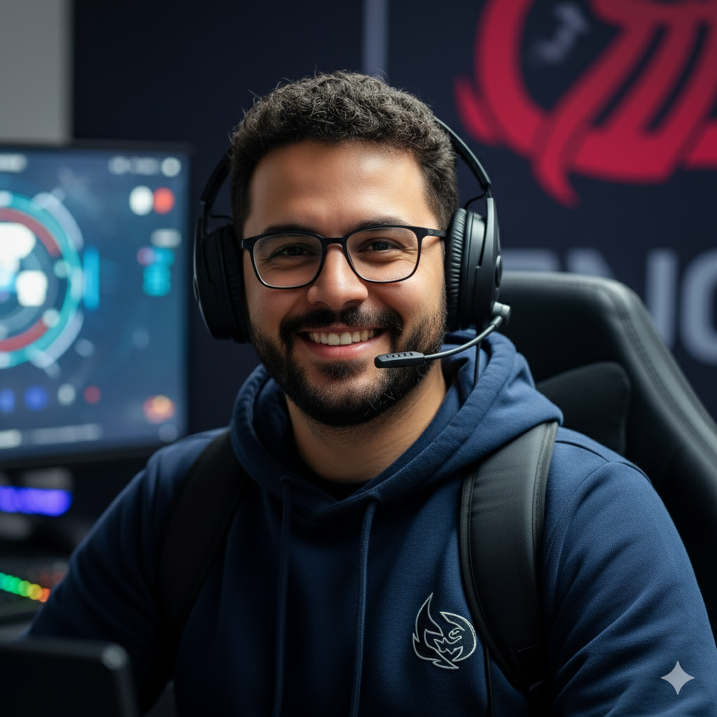 male esports player portrait, competitive gamer, intense look