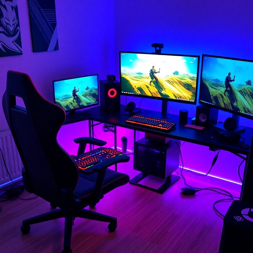 professional esports player gaming setup with RGB keyboard, gaming chair, multiple monitors