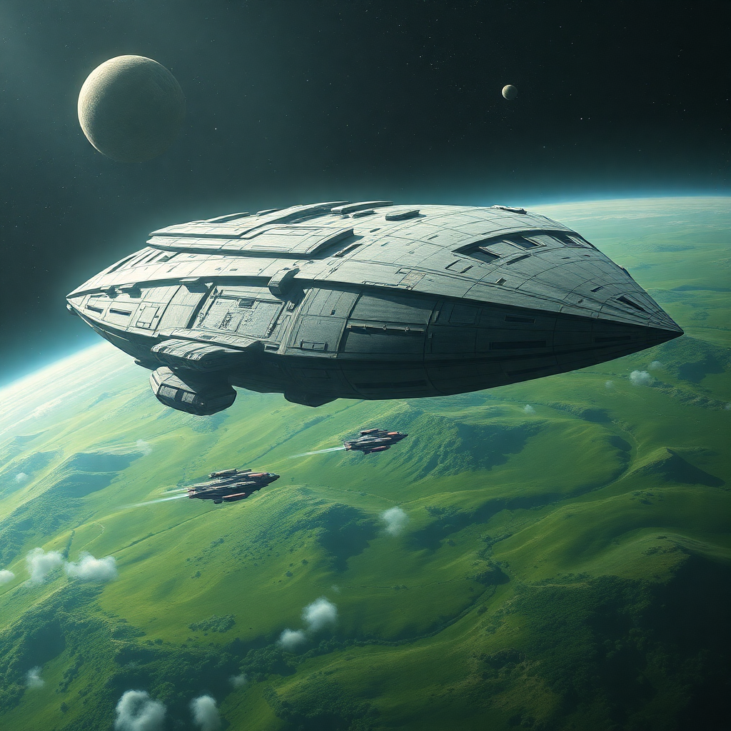massive alien mothership hovering over a lush green planet with smaller ships flying around it, space opera, epic scale, digital painting