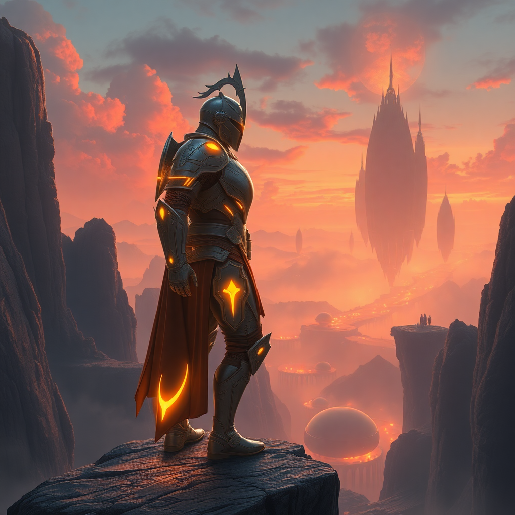 a knight in glowing futuristic armor standing on a cliff overlooking a fantasy landscape with floating islands, high fantasy meets sci-fi