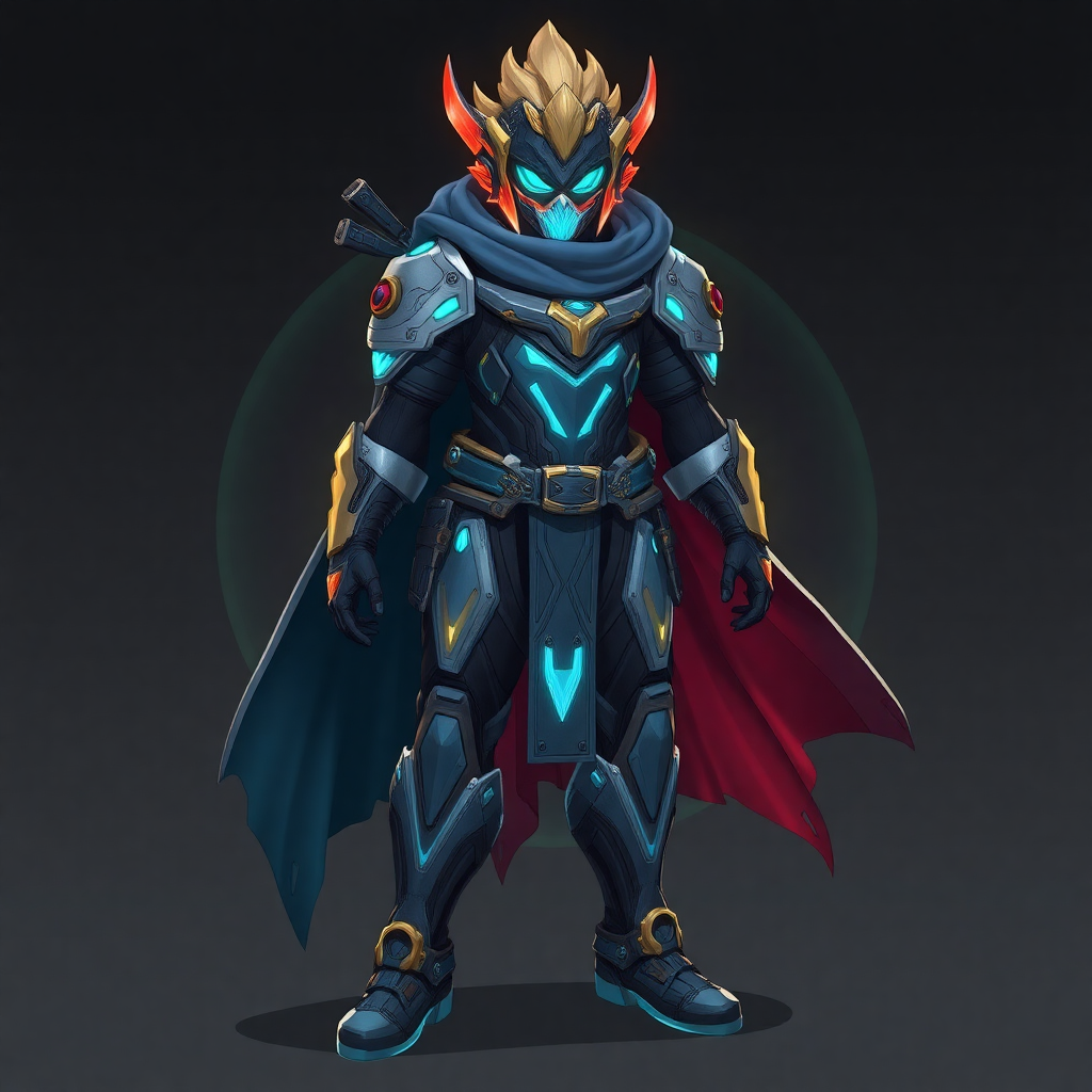 a knight in glowing futuristic armor standing on a cliff overlooking a fantasy landscape with floating islands, high fantasy meets sci-fi