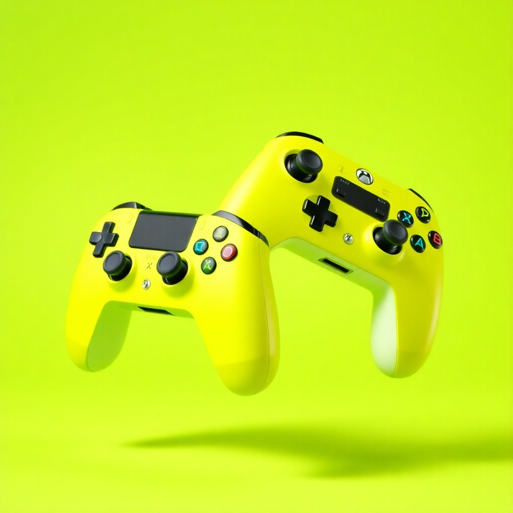 two vibrant lime green gaming controllers floating against a matching lime green background, studio lighting, product shot