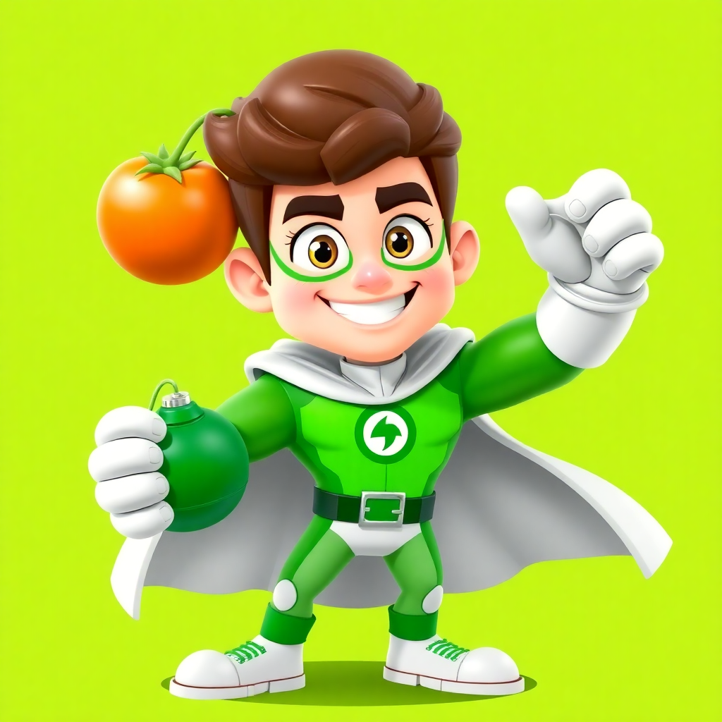 3D stylized cartoon character, a male superhero in a green and white suit, smiling and holding a green tomato bomb, dynamic pose, vibrant green background